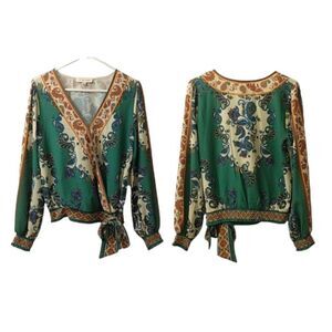 Flying Tomato Green Floral Paisley Bohemian Side Tie Wrap Blouse Size Small